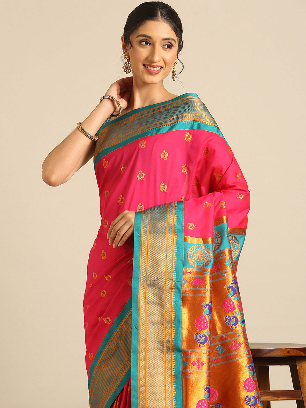 Maharani paithani saree silk blend in hot, pink and rama with big peacock meena butti - closeup view showing fabric and zari work for party wear