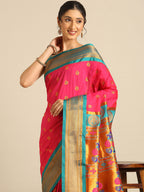Maharani paithani saree silk blend in hot, pink and rama with big peacock meena butti - closeup view showing fabric and zari work for party wear