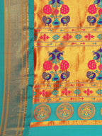 Maharani paithani saree silk blend in hot, pink and rama with big peacock meena butti - pallu detail showing woven motif design for party wear