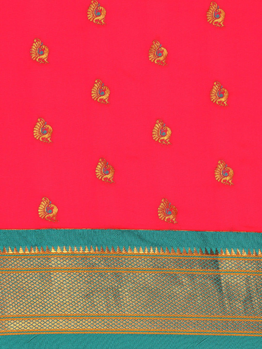 Maharani paithani saree silk blend in hot, pink and rama with big peacock meena butti - body fabric detail showing motif design for party wear