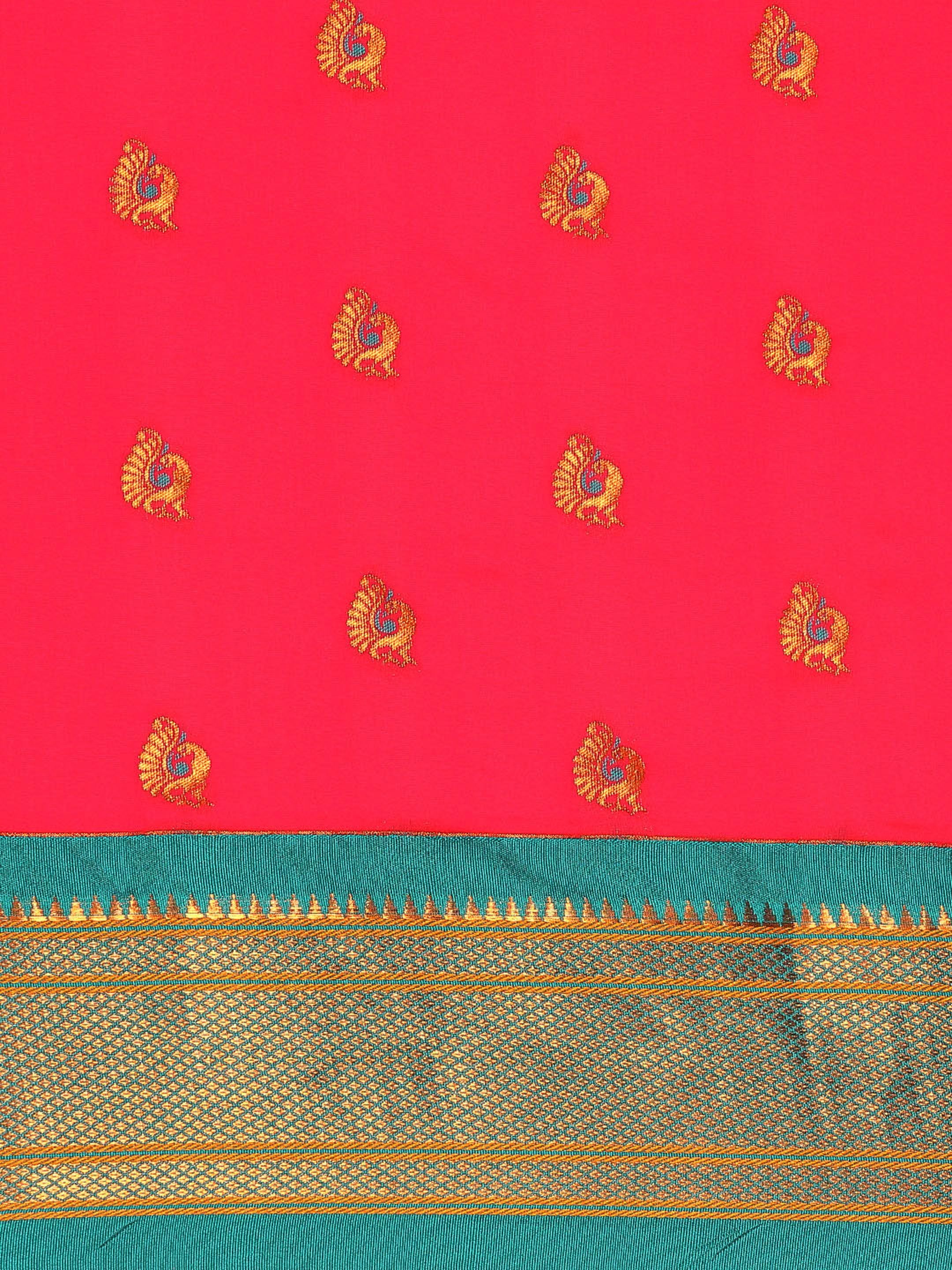Maharani paithani saree silk blend in hot, pink and rama with big peacock meena butti - body fabric detail showing motif design for party wear