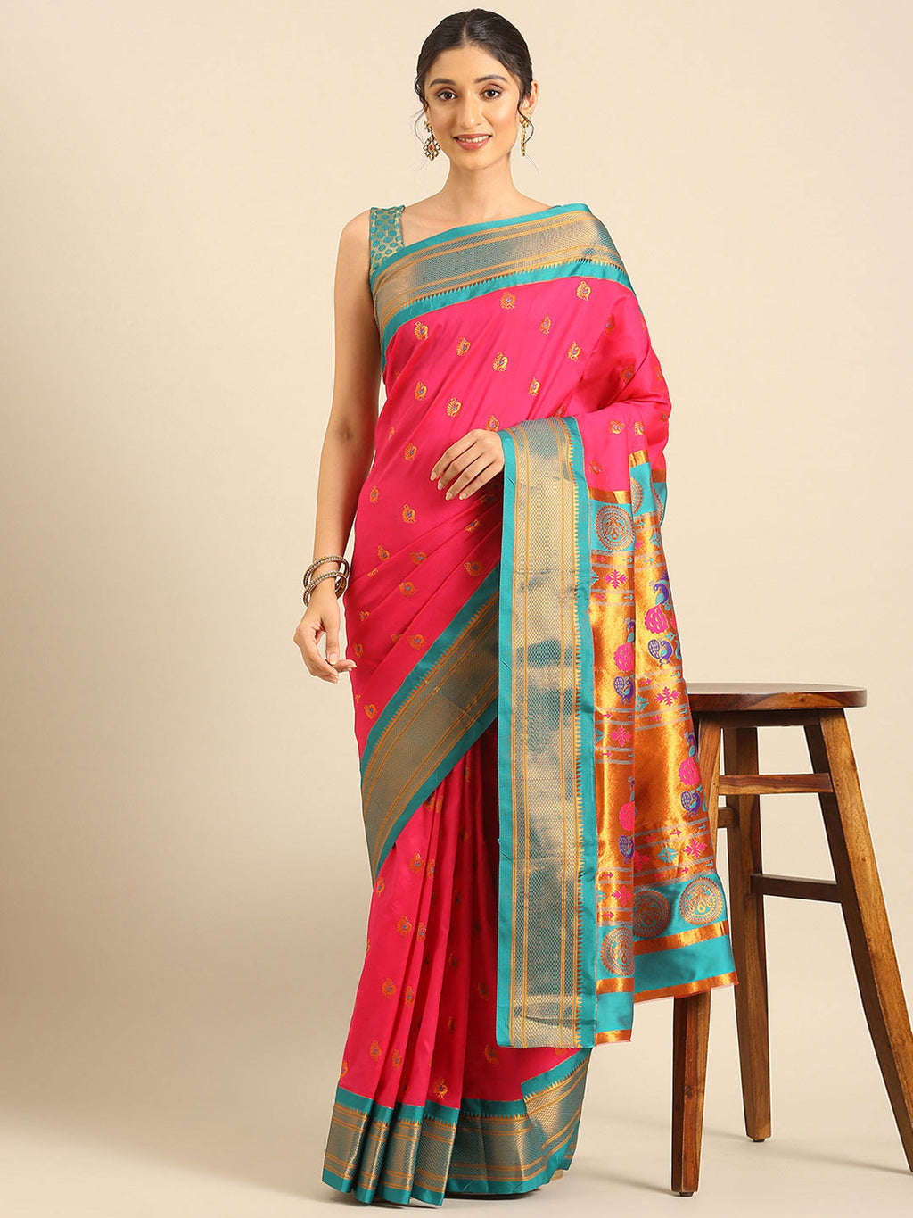Maharani paithani saree silk blend in hot, pink and rama with big peacock meena butti - styled model view for party wear