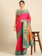 Maharani paithani saree silk blend in hot, pink and rama with big peacock meena butti - styled model view for party wear