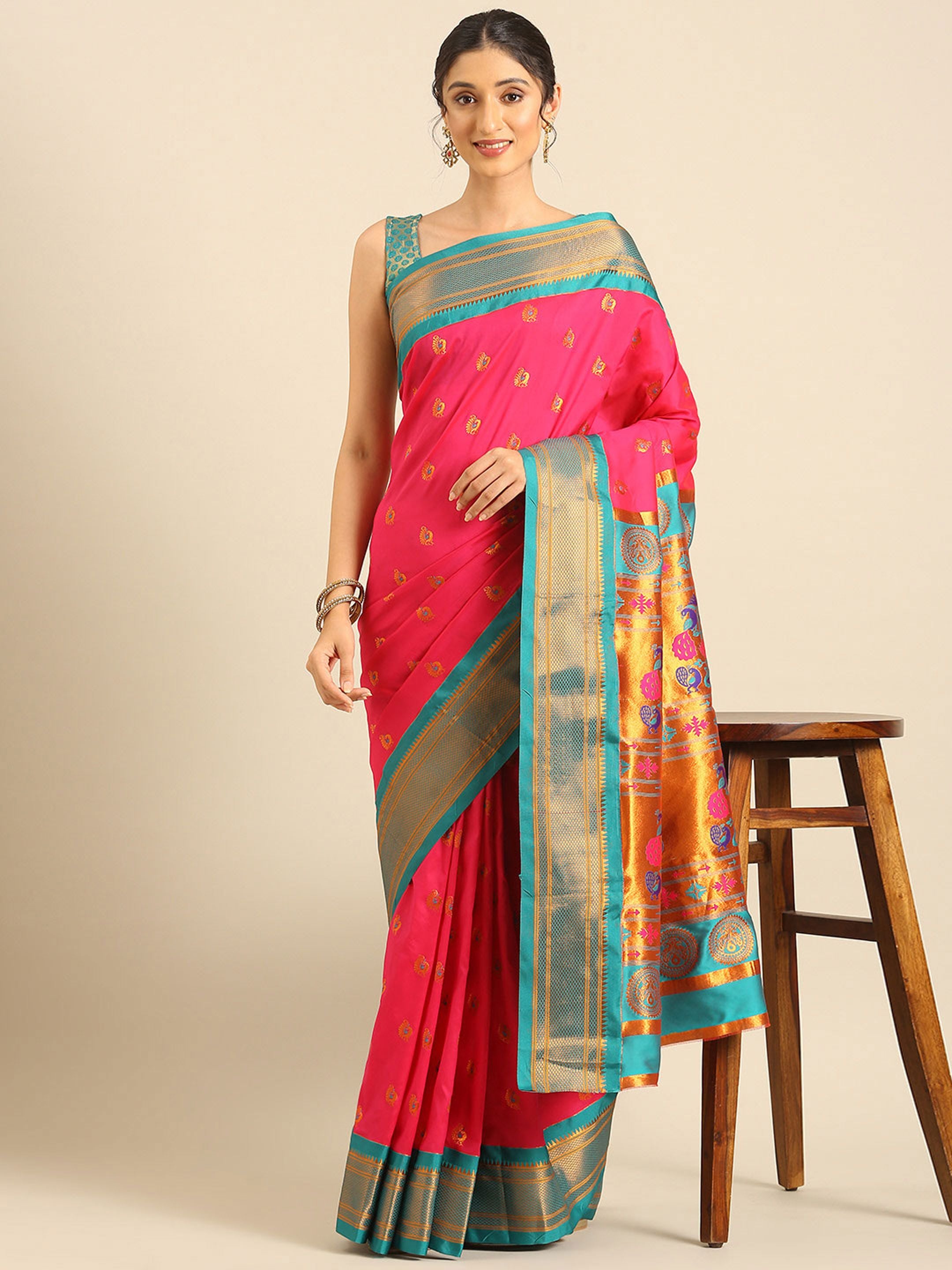 Maharani paithani saree silk blend in hot, pink and rama with big peacock meena butti - styled model view for party wear