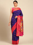 Maharani paithani saree silk blend in indigo blue and pink with big peacock meena butti - front view for party wear