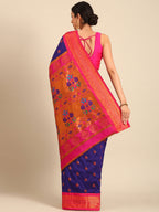 Maharani paithani saree silk blend in indigo blue and pink with big peacock meena butti - back view showing pallu and border for party wear