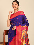 Maharani paithani saree silk blend in indigo blue and pink with big peacock meena butti - closeup view showing fabric and zari work for party wear