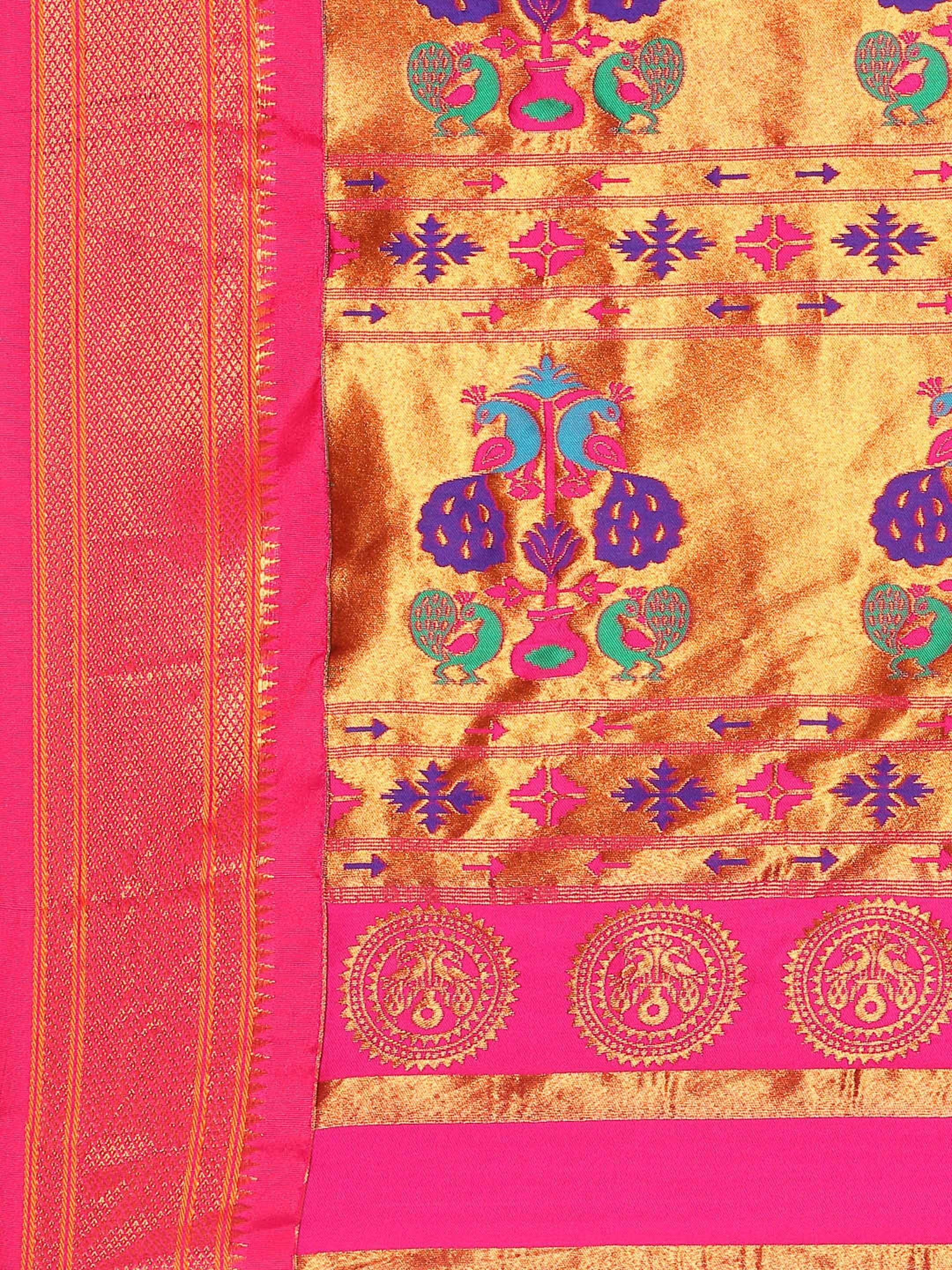 Maharani paithani saree silk blend in indigo blue and pink with big peacock meena butti - pallu detail showing woven motif design for party wear