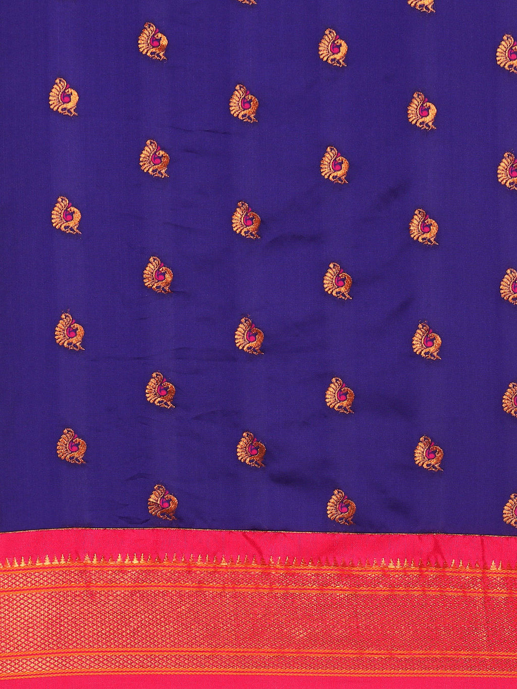 Maharani paithani saree silk blend in indigo blue and pink with big peacock meena butti - body fabric detail showing motif design for party wear