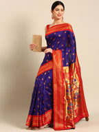 Maharani paithani saree silk blend in indigo blue and red with big peacock meena butti - front view for party wear