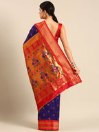 Maharani paithani saree silk blend in indigo blue and red with big peacock meena butti - back view showing pallu and border for party wear