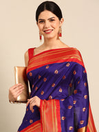 Maharani paithani saree silk blend in indigo blue and red with big peacock meena butti - closeup view showing fabric and zari work for party wear