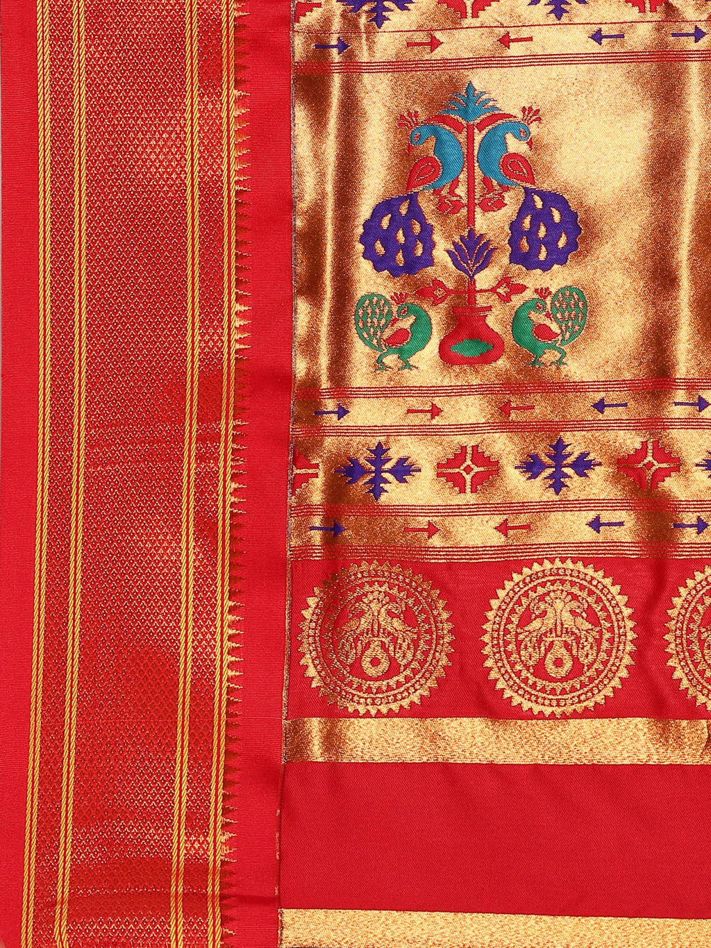 Maharani paithani saree silk blend in indigo blue and red with big peacock meena butti - pallu detail showing woven motif design for party wear