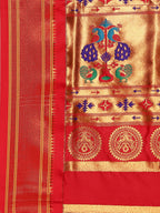 Maharani paithani saree silk blend in indigo blue and red with big peacock meena butti - pallu detail showing woven motif design for party wear