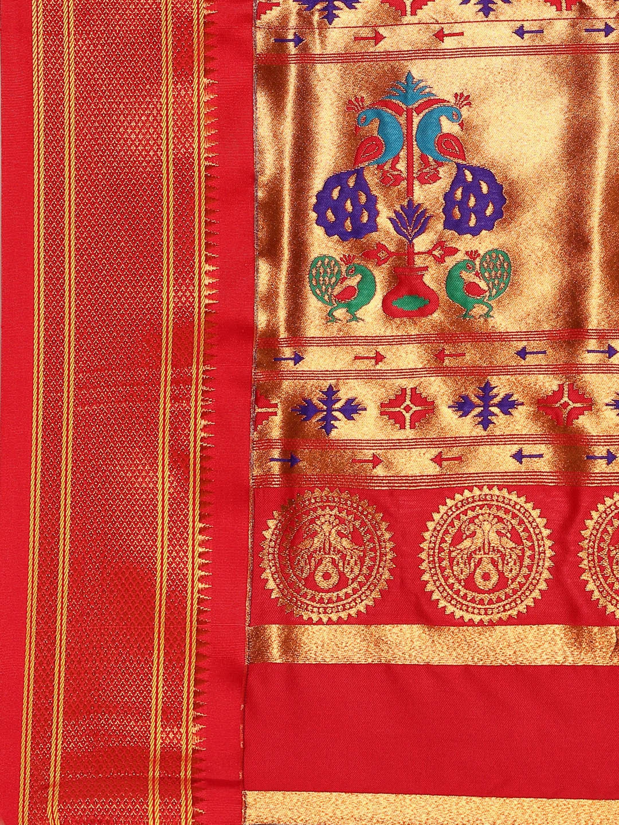 Maharani paithani saree silk blend in indigo blue and red with big peacock meena butti - pallu detail showing woven motif design for party wear