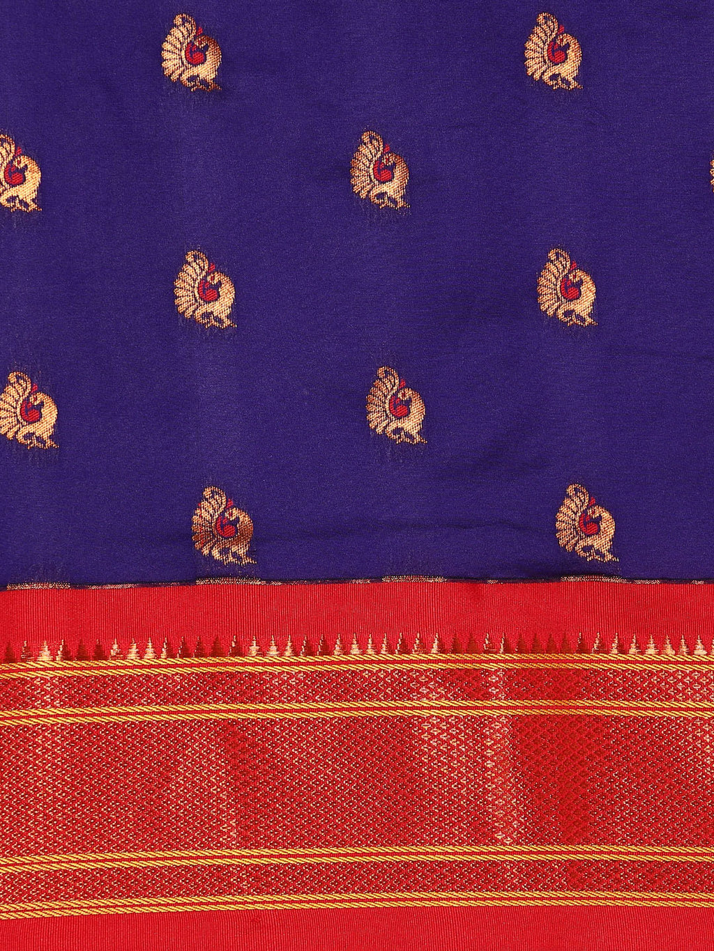 Maharani paithani saree silk blend in indigo blue and red with big peacock meena butti - body fabric detail showing motif design for party wear