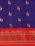 Maharani paithani saree silk blend in indigo blue and red with big peacock meena butti - body fabric detail showing motif design for party wear