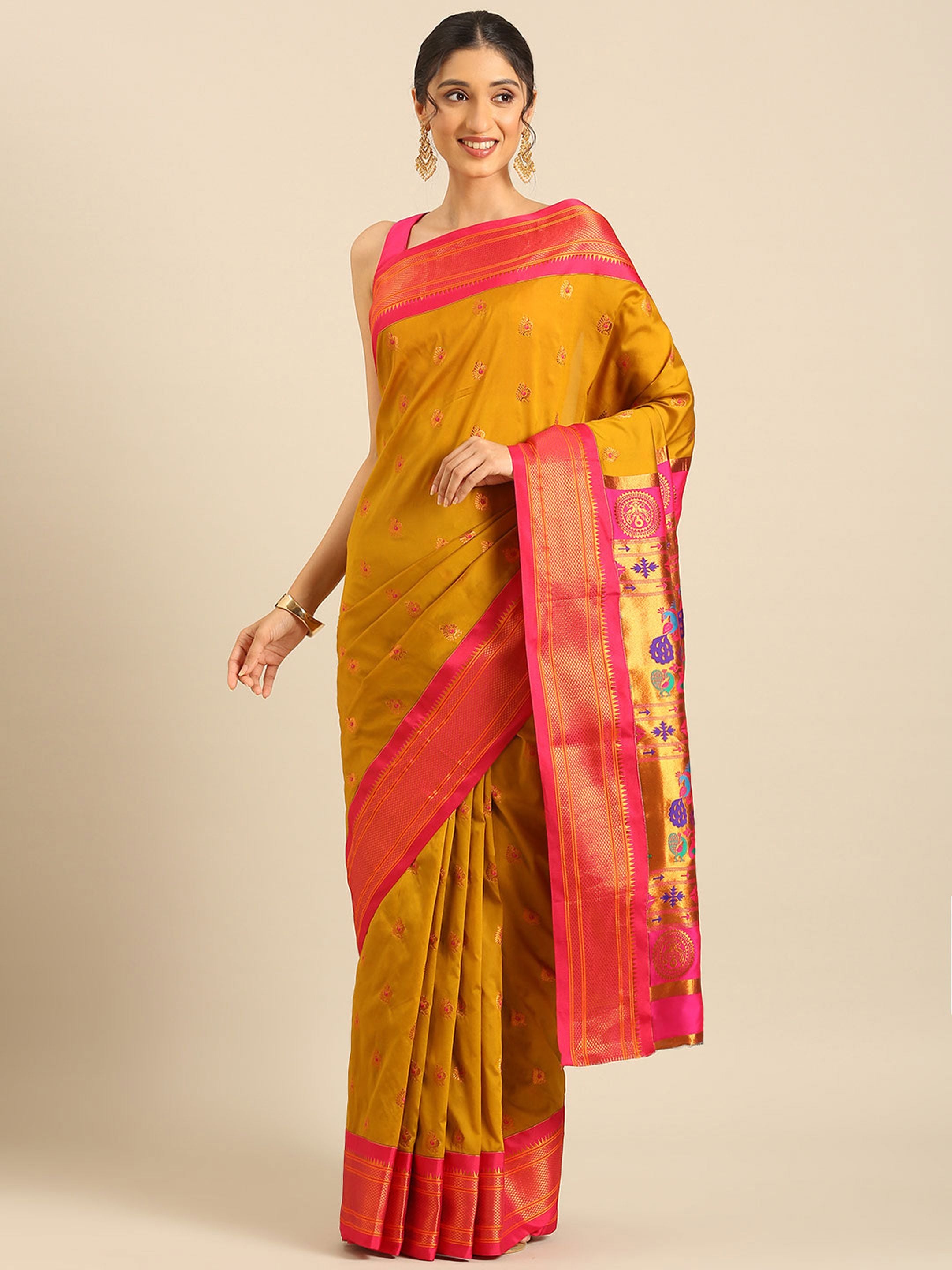 Maharani paithani saree silk blend in khaki and pink with big peacock meena butti - front view for party wear