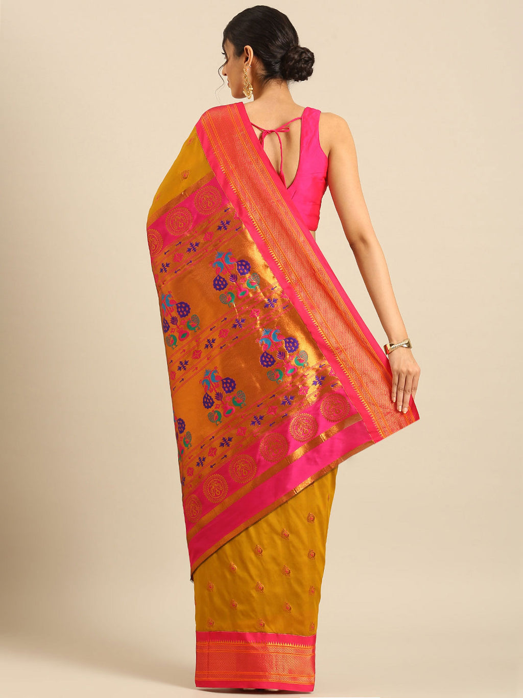 Maharani paithani saree silk blend in khaki and pink with big peacock meena butti - back view showing pallu and border for party wear