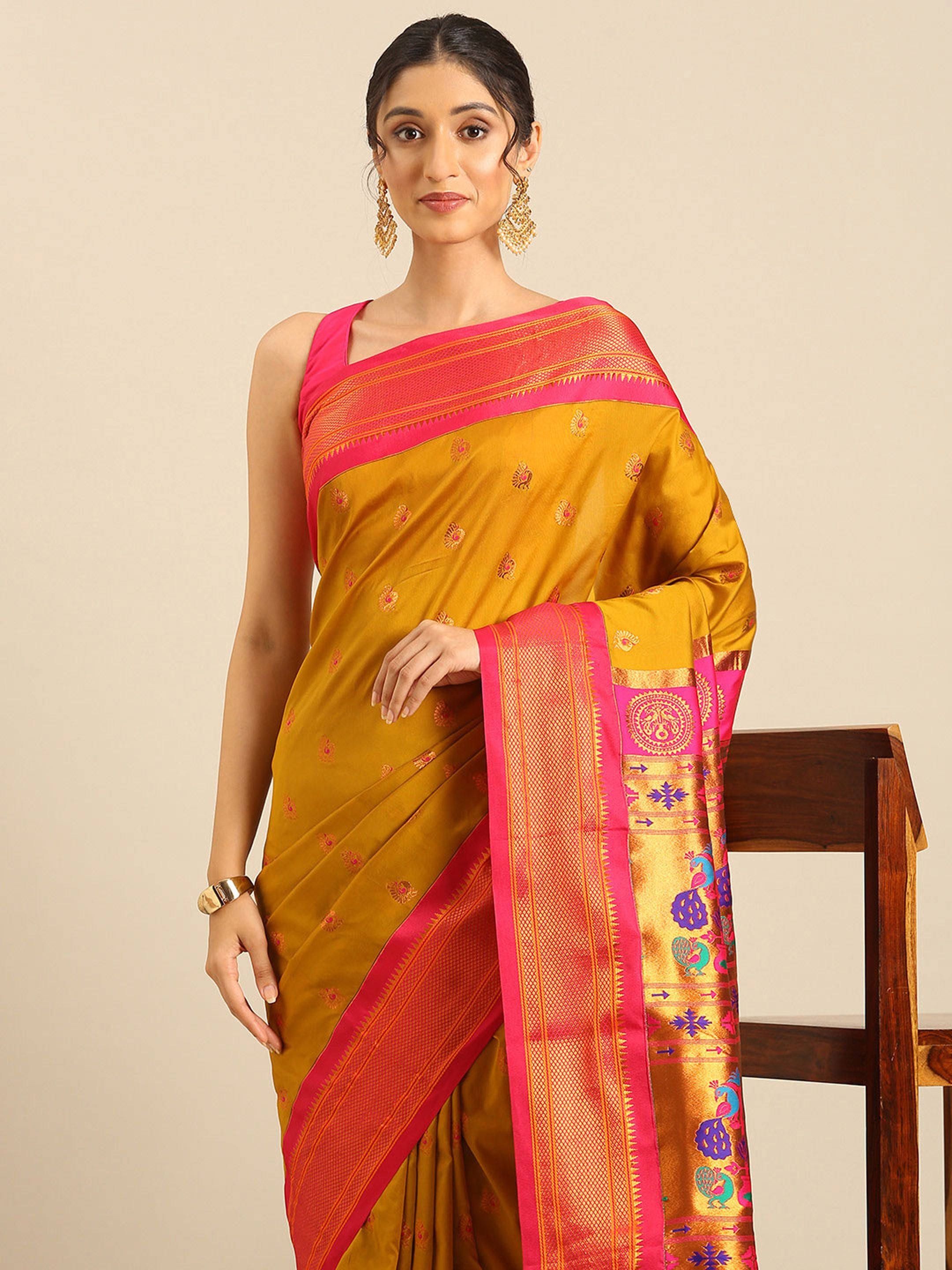 Maharani paithani saree silk blend in khaki and pink with big peacock meena butti - closeup view showing fabric and zari work for party wear