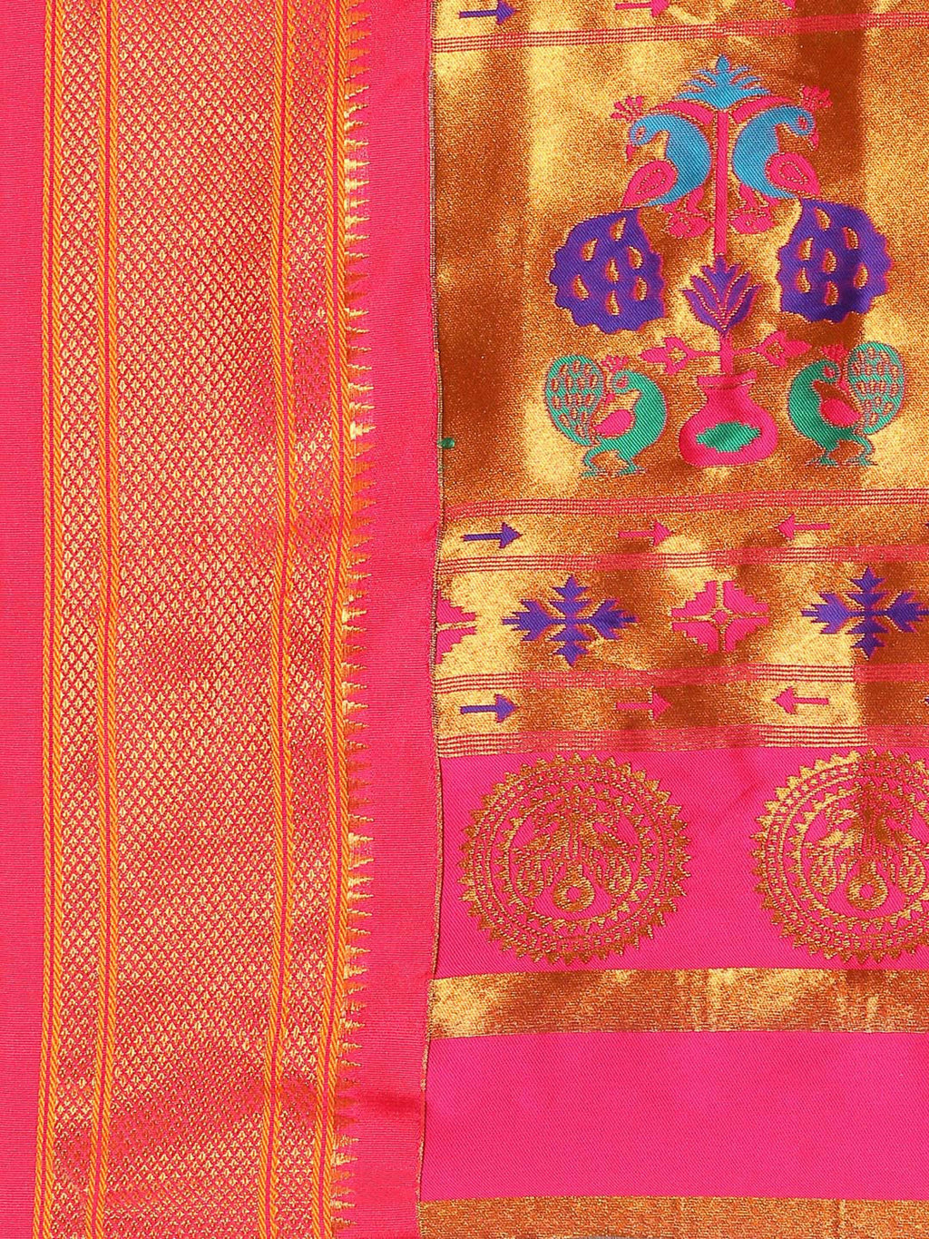 Maharani paithani saree silk blend in khaki and pink with big peacock meena butti - pallu detail showing woven motif design for party wear