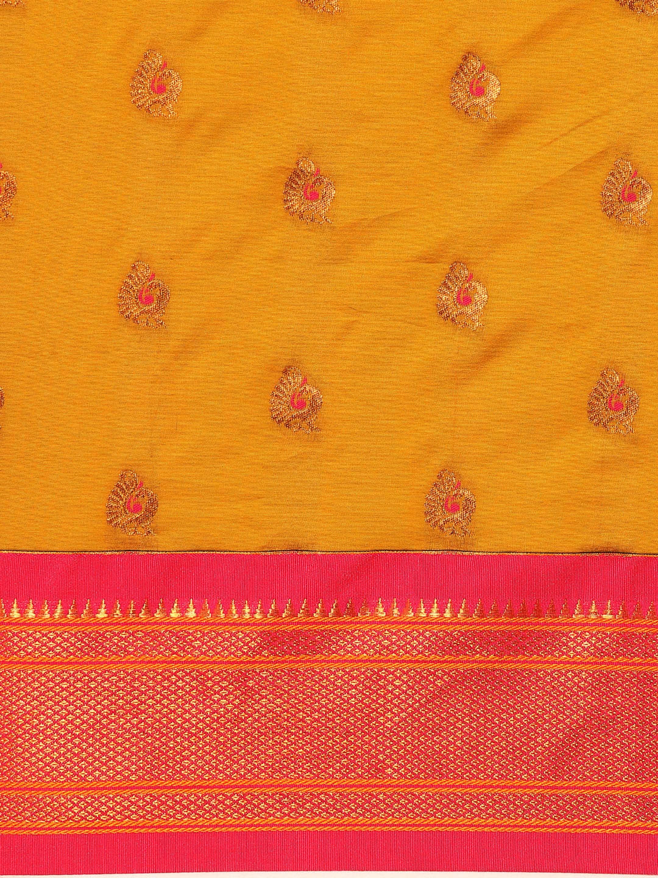 Maharani paithani saree silk blend in khaki and pink with big peacock meena butti - body fabric detail showing motif design for party wear