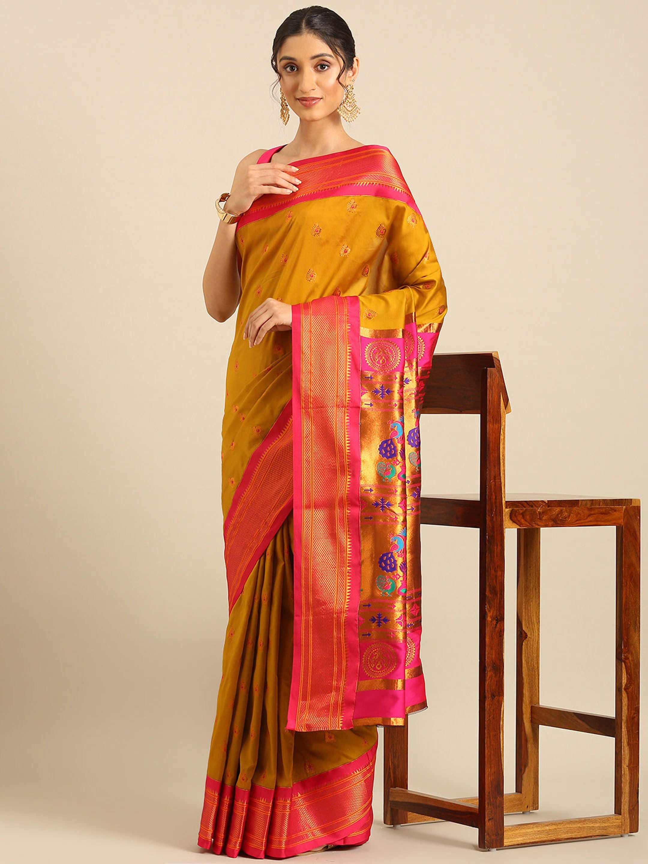Maharani paithani saree silk blend in khaki and pink with big peacock meena butti - styled model view for party wear