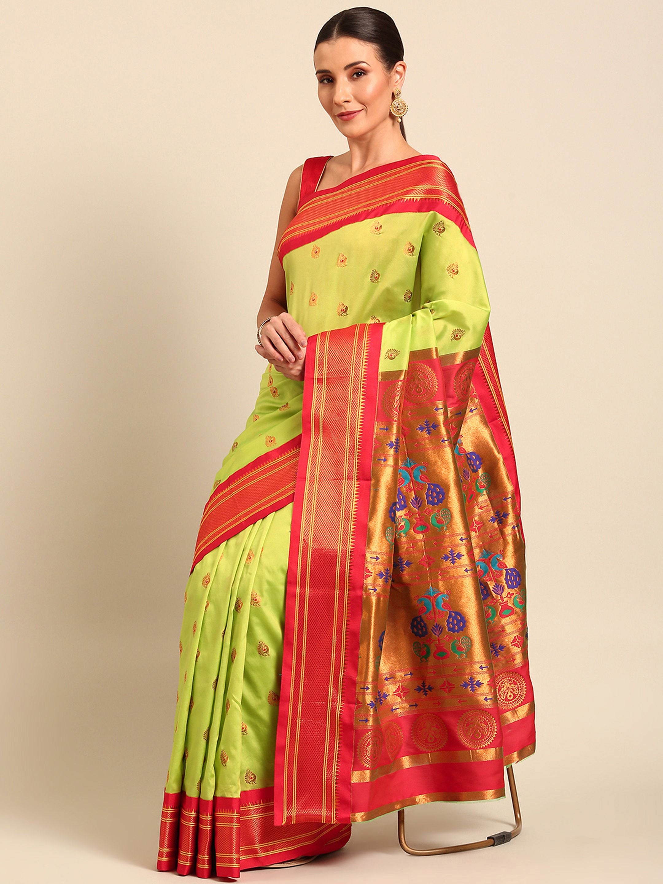 Maharani paithani saree silk blend in popati, green and red with big peacock meena butti - front view for party wear