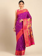 Maharani paithani saree silk blend in purple and pink with big peacock meena butti - front view for party wear