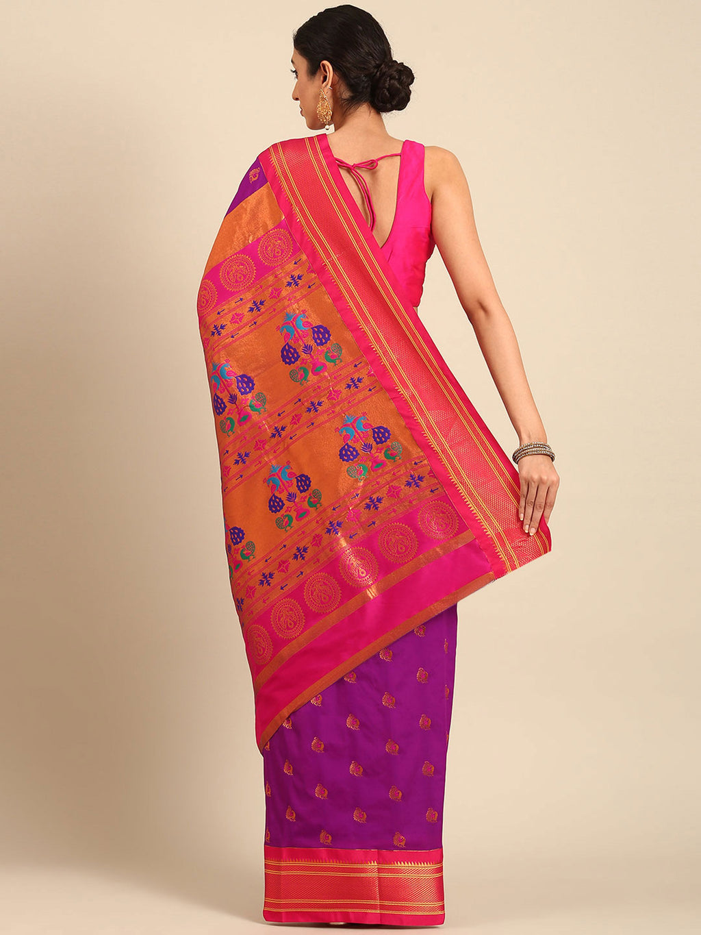 Maharani paithani saree silk blend in purple and pink with big peacock meena butti - back view showing pallu and border for party wear