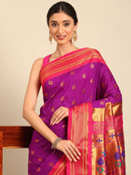 Maharani paithani saree silk blend in purple and pink with big peacock meena butti - closeup view showing fabric and zari work for party wear