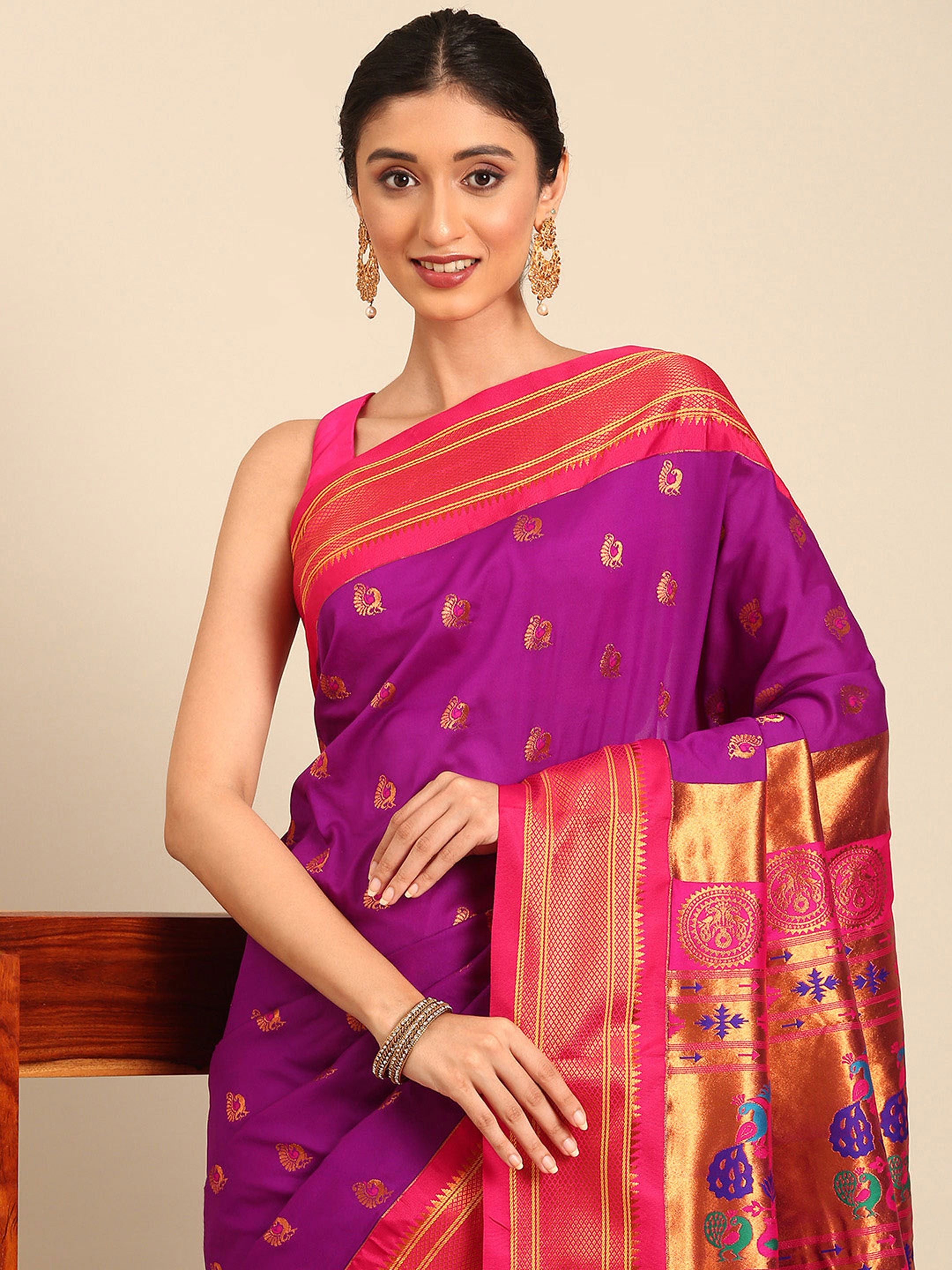 Maharani paithani saree silk blend in purple and pink with big peacock meena butti - closeup view showing fabric and zari work for party wear