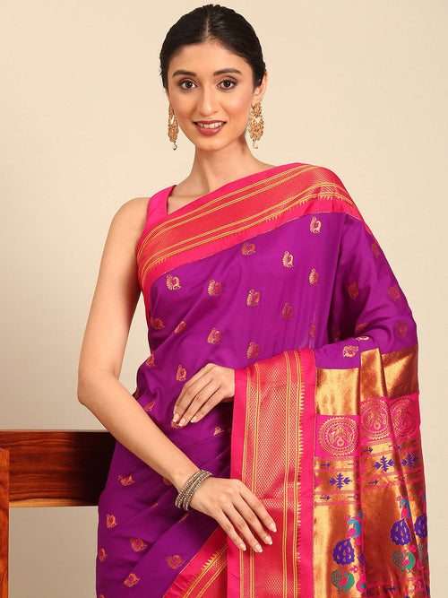 Maharani paithani saree soft silk in purple and pink with big peacock meena butti - closeup view showing fabric and zari work for party wear