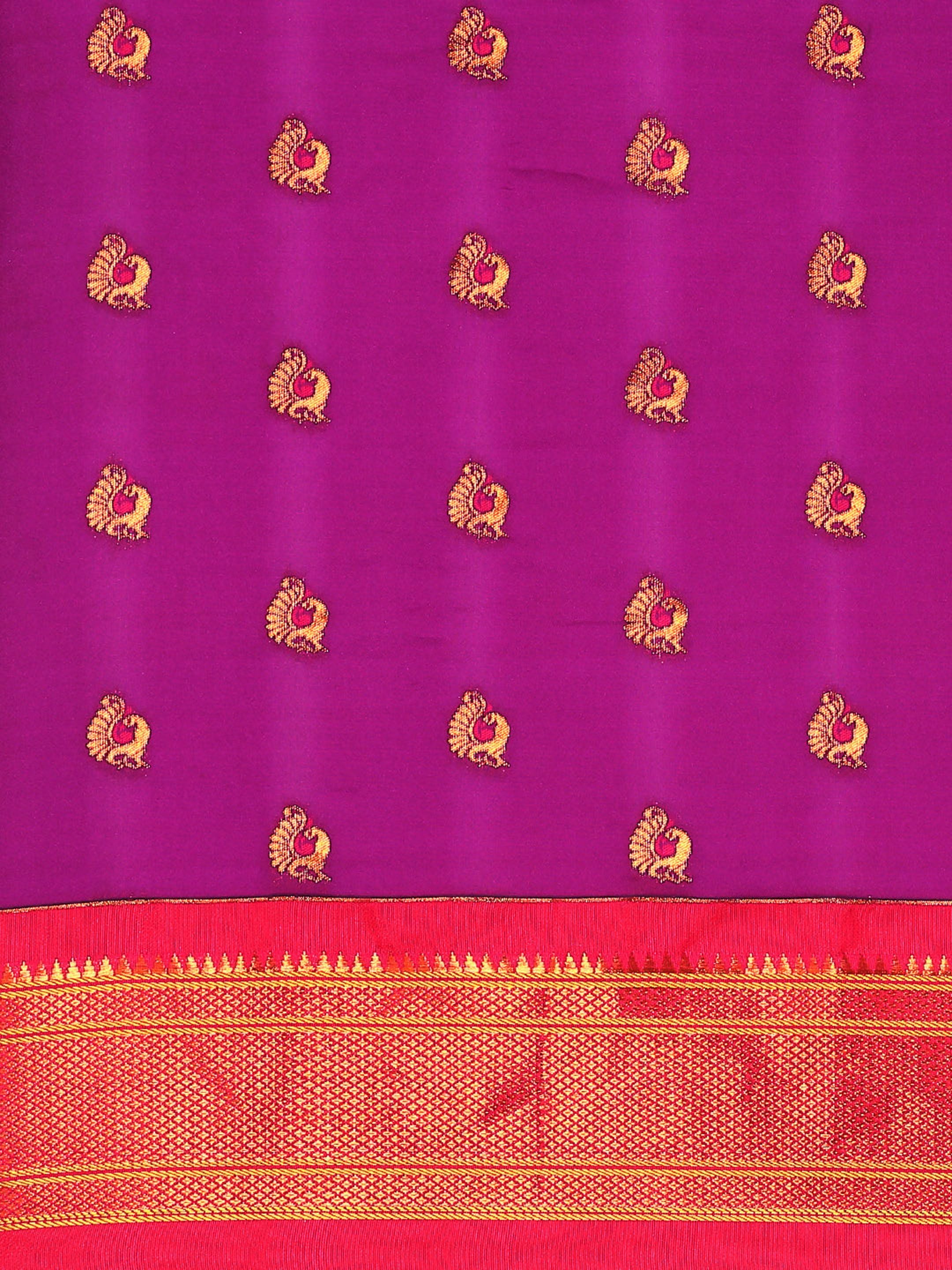 Maharani paithani saree silk blend in purple and pink with big peacock meena butti - body fabric detail showing motif design for party wear