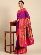 Maharani paithani saree silk blend in purple and pink with big peacock meena butti - styled model view for party wear