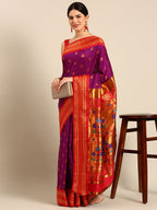 Maharani paithani saree silk blend in purple and red with big peacock meena butti - front view for party wear