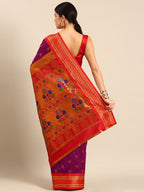 Maharani paithani saree silk blend in purple and red with big peacock meena butti - back view showing pallu and border for party wear