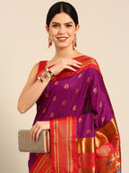Maharani paithani saree silk blend in purple and red with big peacock meena butti - closeup view showing fabric and zari work for party wear