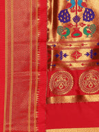 Maharani paithani saree silk blend in purple and red with big peacock meena butti - pallu detail showing woven motif design for party wear