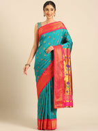 Maharani paithani saree silk blend in rama green and pink with big peacock meena butti - front view for party wear
