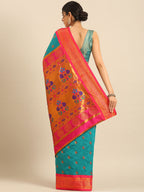 Maharani paithani saree silk blend in rama green and pink with big peacock meena butti - back view showing pallu and border for party wear