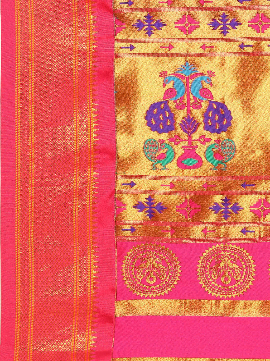 Maharani paithani saree silk blend in rama green and pink with big peacock meena butti - pallu detail showing woven motif design for party wear