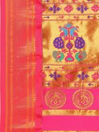 Maharani paithani saree silk blend in rama green and pink with big peacock meena butti - pallu detail showing woven motif design for party wear