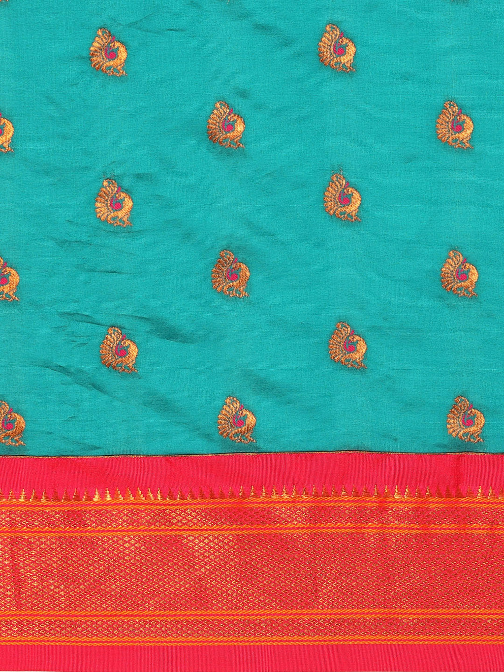 Maharani paithani saree silk blend in rama green and pink with big peacock meena butti - body fabric detail showing motif design for party wear