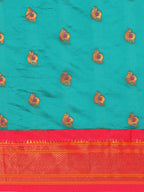Maharani paithani saree silk blend in rama green and pink with big peacock meena butti - body fabric detail showing motif design for party wear