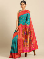 Maharani paithani saree silk blend in rama green and pink with big peacock meena butti - styled model view for party wear