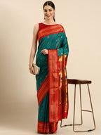 Maharani paithani saree silk blend in rama green and red with big peacock meena butti - front view for party wear