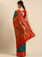 Maharani paithani saree silk blend in rama green and red with big peacock meena butti - back view showing pallu and border for party wear
