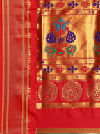 Maharani paithani saree silk blend in rama green and red with big peacock meena butti - pallu detail showing woven motif design for party wear