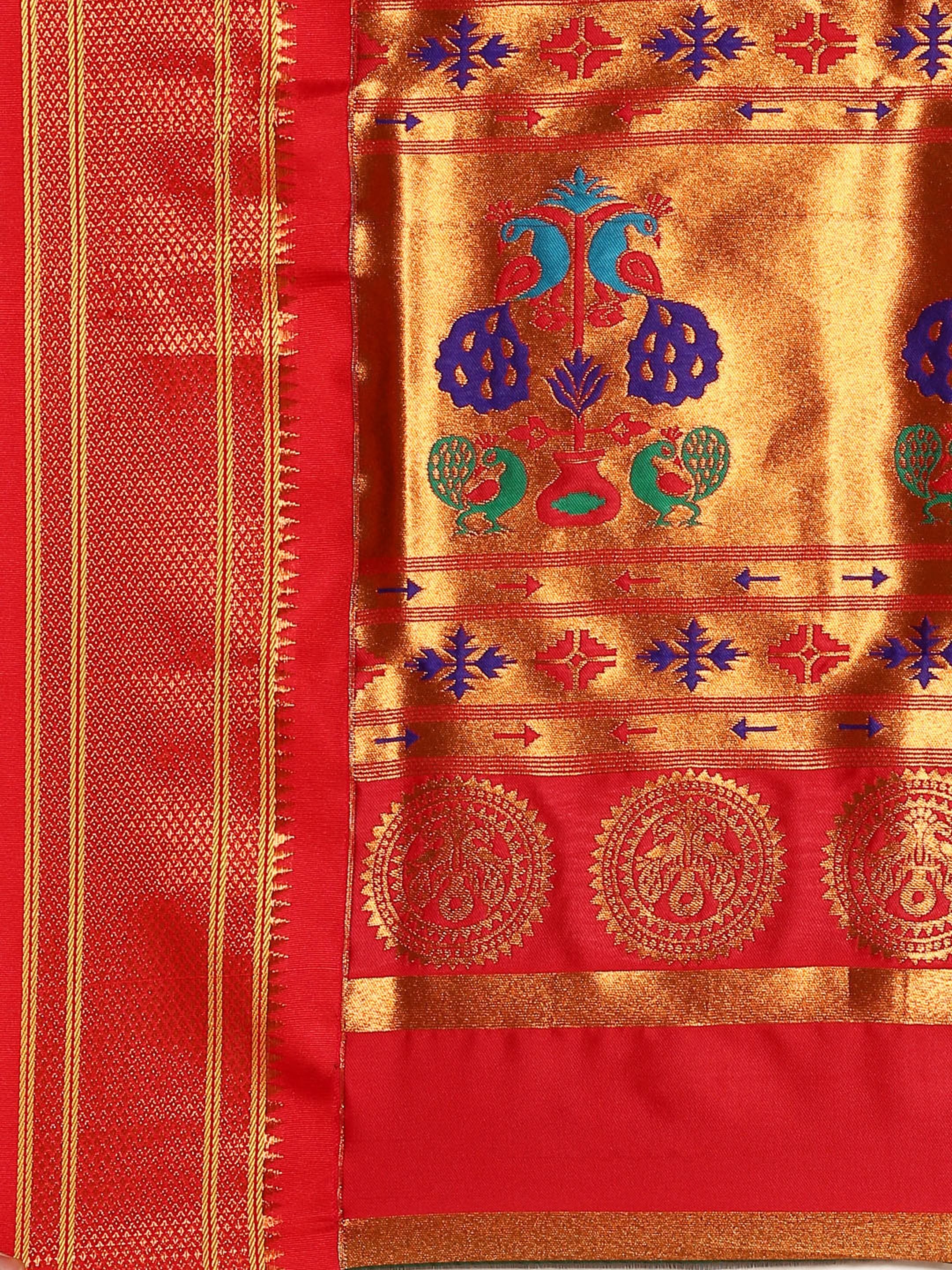 Maharani paithani saree silk blend in rama green and red with big peacock meena butti - pallu detail showing woven motif design for party wear
